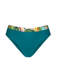 Turkusowe majtki bikini z elastycznym pasem z kolorowym wzorem, na którym znajdują się tropikalne liście i abstrakcyjne kształty. Gładki, elastyczny materiał.