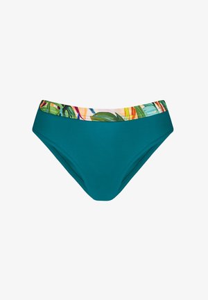 Turkusowe majtki bikini z elastycznym pasem z kolorowym wzorem, na którym znajdują się tropikalne liście i abstrakcyjne kształty. Gładki, elastyczny materiał.