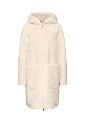Kremfarvet faux fur frakke med lynlås foran, hætte og sidelommer. Har en glat overflade og en lige pasform.