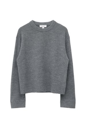 Grå crewneck uldtrøje med lange ærmer, ribbede manchetter, kant og halsudskæring, vist på en hvid baggrund.