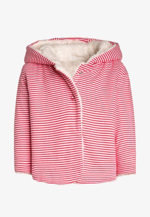Giacca a cappuccio a righe rosse e bianche con una morbida fodera interna in peluche. Presenta chiusure a scatto e un orlo arrotondato per una vestibilità comoda.