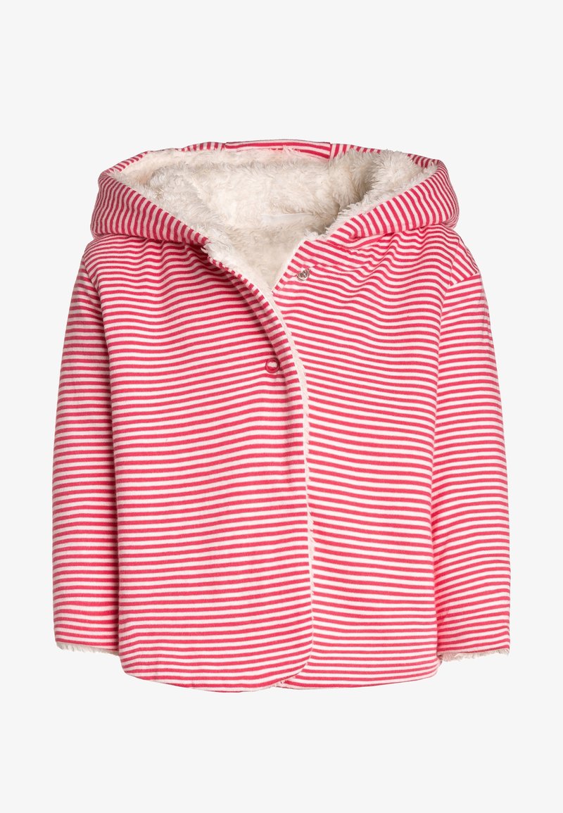 Giacca a cappuccio a righe rosse e bianche con una morbida fodera interna in peluche. Presenta chiusure a scatto e un orlo arrotondato per una vestibilità comoda.