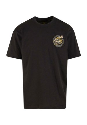 Svart bomull t-skjorte med korte ermer, rund halslinje, og et frontlogo med en flamme design i gule og hvite sirkulære detaljer.