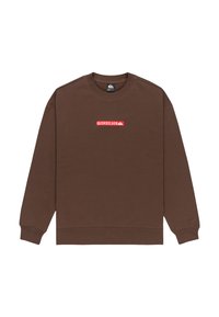 Bruine lange mouwen sweatshirt met rood rechthoekig Quiksilver-logo gecentreerd op de borst, ronde halslijn en geribbelde manchetten en zoom.