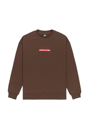 Brun langærmet sweatshirt med rødt rektangulært Quiksilver-logo centreret på brystet, rund halsudskæring og ribbede manchetter og kant.