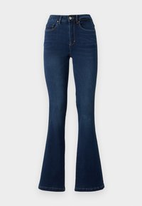 Jean flare en denim bleu foncé à taille haute, comportant cinq poches, des passants de ceinture et des détails de couture subtils sur les coutures.