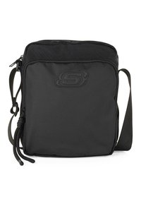 Bolso cruzado negro, fabricado con un material duradero y cierre de cremallera. Cuenta con un logo frontal, correa ajustable y detalles de cordón. Tiene una forma rectangular simple.