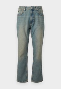 Fádové modré džíny z denimu se rovnými nohavicemi, pěti kapsami a zapínáním na knoflík. Obsahují jemné detaily s světlejším omytím.