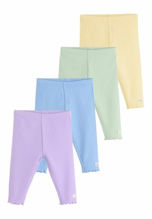 Fire par ribbede leggings i pastelfarver: lavendel, blå, mintgrøn og gul. Hvert par har en flæsekant og et lille mærke.