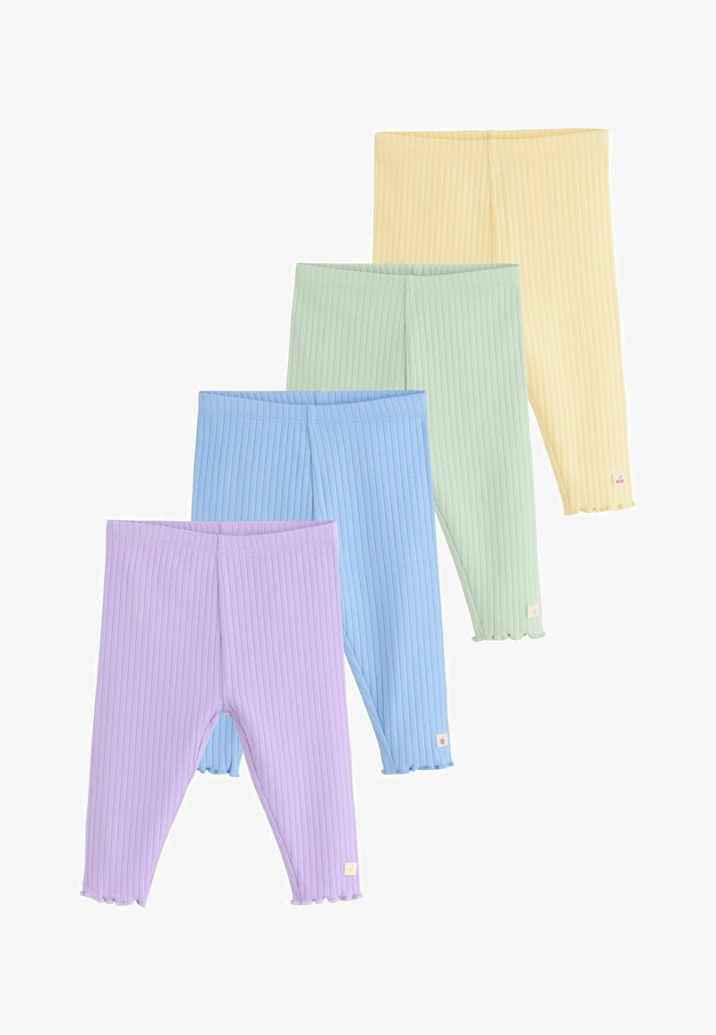 Cuatro pares de leggings acanalados en colores pastel: lavanda, azul, verde menta y amarillo. Cada par tiene un dobladillo con volantes y una pequeña etiqueta.