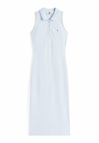 Jasnoniebieska sukienka polo bez rękawów wykonana z gładkiej tkaniny, z kołnierzykiem i plisą na trzy guziki oraz małym logo.