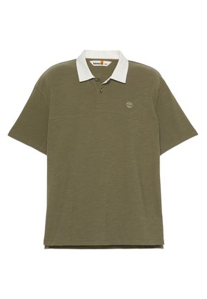 Olive green polo shirt with a white collar, short sleeves, two-button placket, and embroidered logo on the chest. Soft texture, casual design.