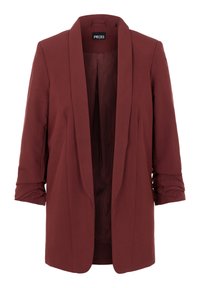 Blazer bordeaux realizzato in tessuto liscio, con colletto a scialle, maniche lunghe con risvolto e un design aperto senza bottoni.