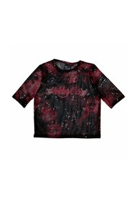 Black mesh short-sleeve top featuring a red and gray splatter pattern with a central white "Motley Crue" logo. Soft texture, relaxed fit.