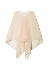 Poncho en chiffon léger couleur beige clair avec un ourlet asymétrique et des détails en tissu superposés, exposé sur un fond blanc.
