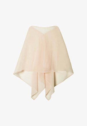 Poncho en chiffon léger couleur beige clair avec un ourlet asymétrique et des détails en tissu superposés, exposé sur un fond blanc.