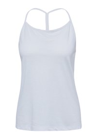 Canotta sportiva bianca con una texture liscia, spalline sottili regolabili e un logo discreto sul petto, progettata per il comfort e il movimento.