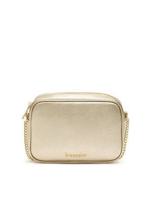 Piccola borsa a tracolla rettangolare in pelle metallizzata oro con tracolla in catena dorata e chiusura con cerniera, marchiata "broccolini" sul davanti.