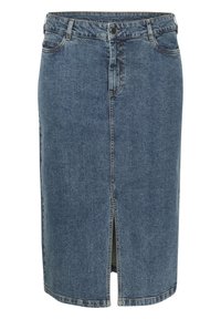 Jupe midi en denim bleu moyen avec une fente frontale, des passants de ceinture, deux poches avant et un design classique à cinq poches. Ourlet cousu à la machine.