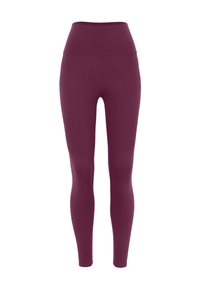 Burgundské legíny s vysokým pasem vyrobené z elastického materiálu, které mají přiléhavý střih a hladkou texturu bez viditelných švů nebo ozdob.