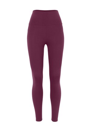 Bordowe legginsy o wysokim stanie wykonane z elastycznego materiału, charakteryzujące się dopasowanym fasonem i gładką teksturą, bez widocznych szwów czy ozdób.