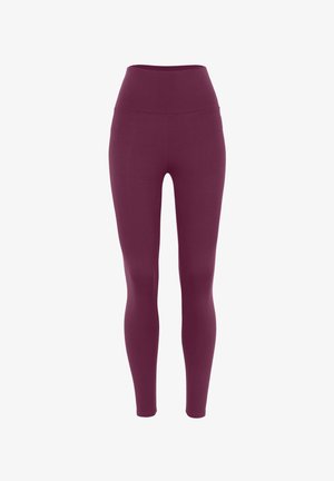 Bordeaux hoge taille leggings van rekbaar materiaal, met een aansluitend ontwerp en een gladde textuur zonder zichtbare naden of versieringen.