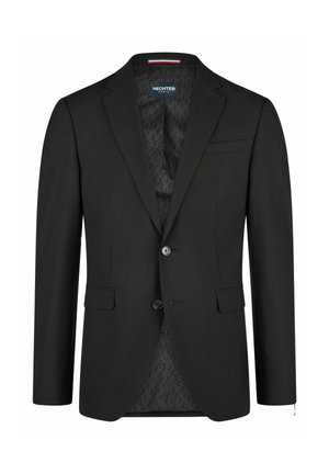 Schwarzer, auf Maß gefertigter Herrenblazer mit zwei Knöpfen, Revers mit Kerbe, vorderen Pattentaschen und gebrandetem Innenfutter.