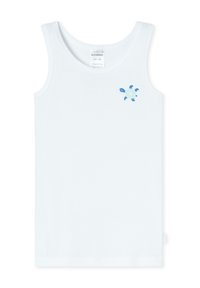 Weißes Tanktop aus Bio-Baumwolle mit Rundhalsausschnitt, das auf der Vorderseite ein kleines blaues Schildkrötendesign aufweist. Glatte Textur, ärmelloses Design.