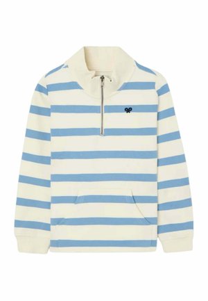 Jersey de manga larga con rayas horizontales azules y blancas, cuello con cremallera hasta la mitad, bolsillo delantero y pequeño logo negro en el pecho.