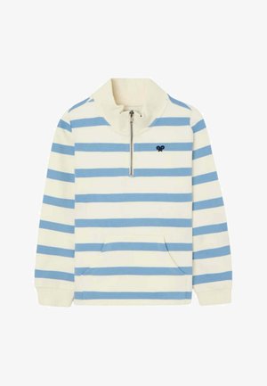 Jersey de manga larga con rayas horizontales azules y blancas, cuello con cremallera hasta la mitad, bolsillo delantero y pequeño logo negro en el pecho.