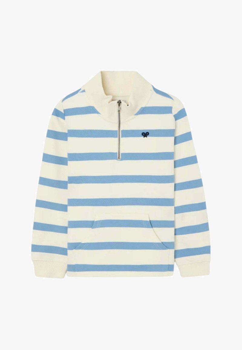 Jersey de manga larga con rayas horizontales azules y blancas, cuello con cremallera hasta la mitad, bolsillo delantero y pequeño logo negro en el pecho.