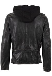 Schwarze Lederjacke mit glatter Textur, ausgestattet mit einer schwarzen Kapuze und sichtbaren Nähten. Das Design umfasst einen klassischen Rückenschnitt.