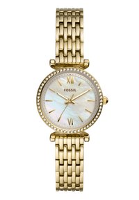 Goldene Metalluhr mit rundem Ziffernblatt, Ziffernblatt aus Perlmutt, goldenen Stundenmarkierungen und einem mit Kristallen verzierten Gehäuse. Armband im Glieder-Stil.