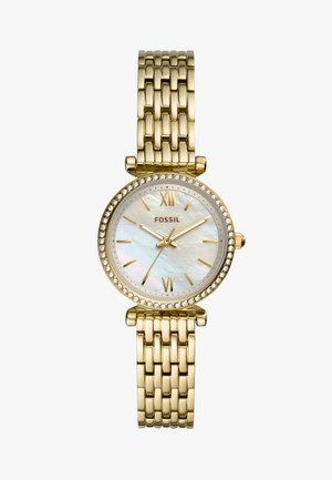Gold metal watch with a round face, mother-of-pearl dial, gold hour markers, and a crystal-embellished bezel. Link bracelet style.