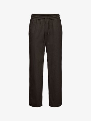 Svarte avslappede bukser med elastisk midjebånd og snor, rette ben, laget av lett stoff.