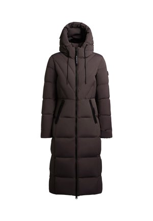 Pikk pruun puffer-jope kapuutsiga, vertikaalse tikandi disainiga, ees suletav lukuga ning kahe külje lukuga taskuga. Pehme kanga tekstuur.