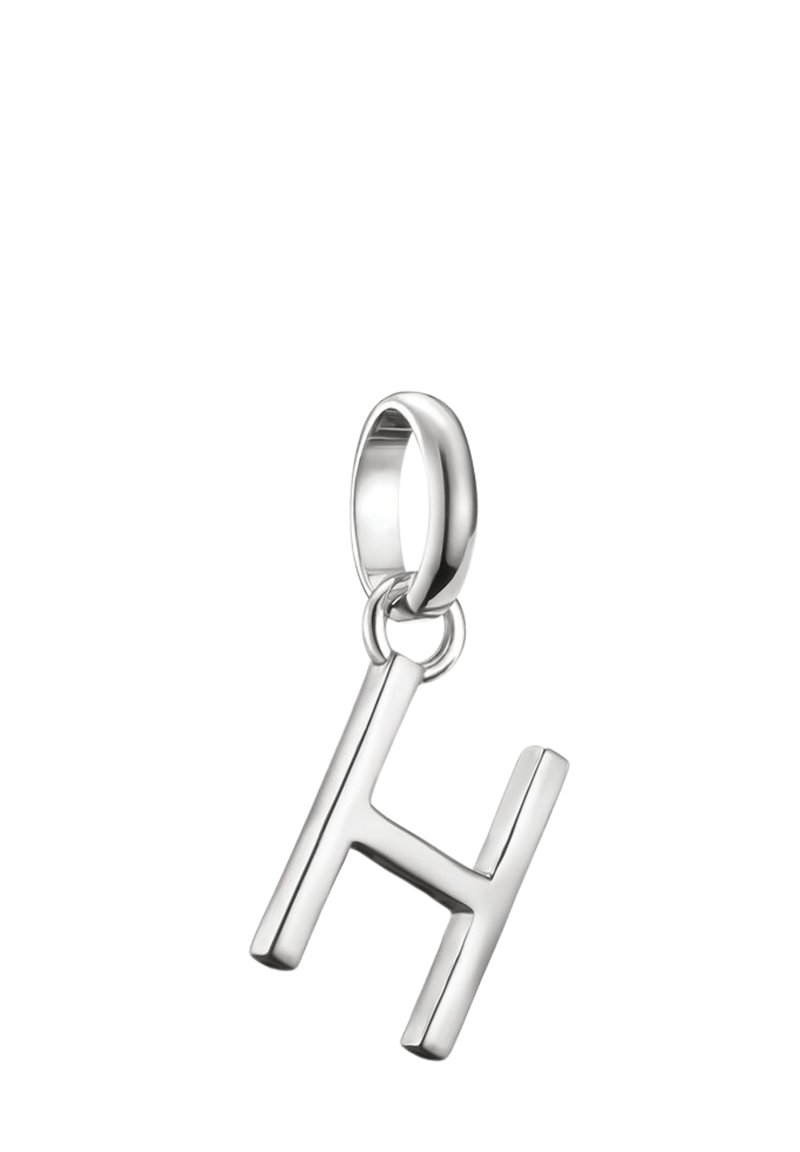 Pendentif en argent en forme de lettre "H", avec une surface lisse et polie et une bélière ronde pour l'attachement.
