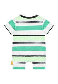 Mono a rayas en verde, blanco y negro. Tejido de algodón, con mangas cortas, cuello redondo y cierre a presión en la parte inferior. Textura suave, diseño casual.