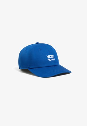Gorra de béisbol de algodón azul con visera curva, que presenta el logo blanco de "VANS" y un detalle a cuadros en la parte frontal. Ojetes cosidos para ventilación.