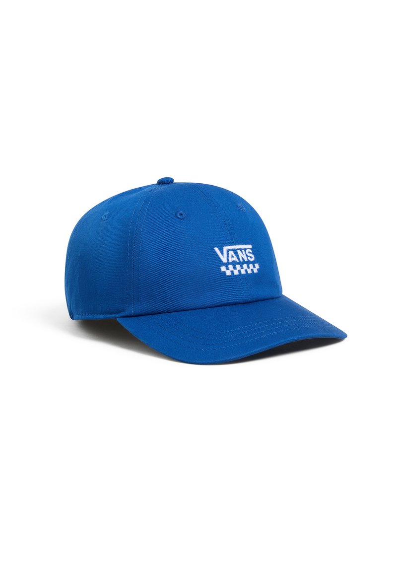 Blue cotton baseball cap with a curved brim, featuring white "VANS" logo and checkered detail on the front. Sewn eyelets for ventilation.