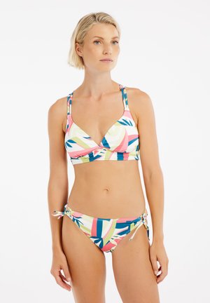 Colorful bikini set featuring a triangular top with multi-color abstract patterns and adjustable side-tie bottoms in similar design.