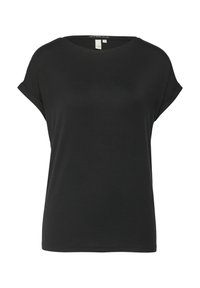 Zwarte korte mouwen t-shirt gemaakt van zachte stof. Bevat een ronde halslijn en opgerolde mouwen, met een ontspannen pasvorm en gladde textuur.