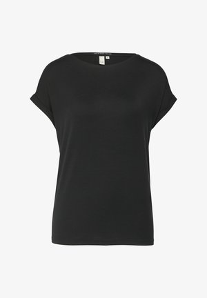 Zwarte korte mouwen t-shirt gemaakt van zachte stof. Bevat een ronde halslijn en opgerolde mouwen, met een ontspannen pasvorm en gladde textuur.