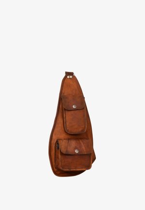 Brown leather sling bag with two front snap-button pockets, one rectangular and one square, shown against a white background.