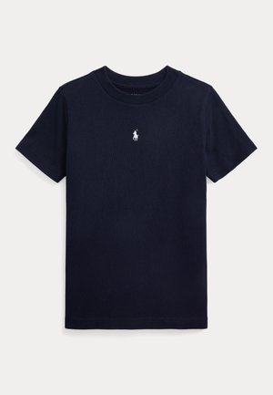 Granatowy krótki bawełniany T-shirt z okrągłym dekoltem i małym, białym logo Polo wyhaftowanym na środku klatki piersiowej.