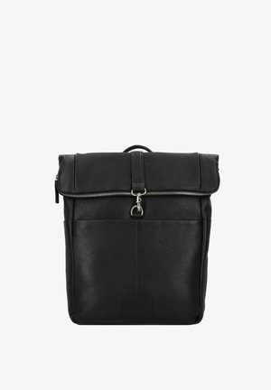 Black leather backpack with a rolled top, zip closure, front pocket, and silver hardware. Textured surface and sturdy shoulder straps.