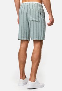 Shorts rayés bleu clair avec une taille élastique, une poche arrière unique et une coupe décontractée, associés à des baskets blanches sur un fond uni.