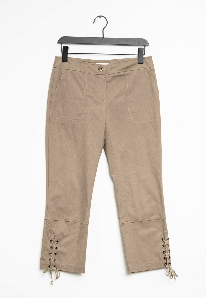 Pantalons kaki à coupe droite, jambes raccourcies, poches avant et liens réglables aux poignets avec détail à lacets.