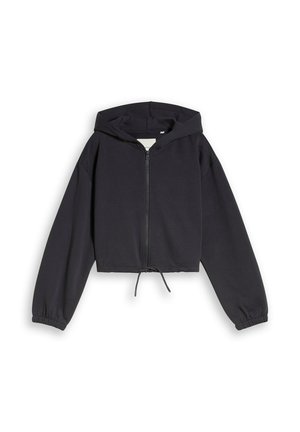 Zwarte cropped hoodie met lange mouwen, ritssluiting aan de voorkant, verstelbaar trekkoord bij de zoom en elastische manchetten, plat gelegd op witte achtergrond.