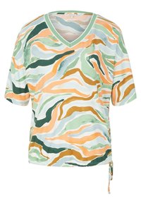 Blouse à manches courtes et col en V avec des rayures ondulées abstraites en vert, orange, bleu clair et blanc, comportant un nœud sur le côté à l'ourlet.